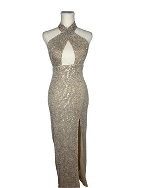 Hello Molly Champagne Sequin Crisscross Halter Gown